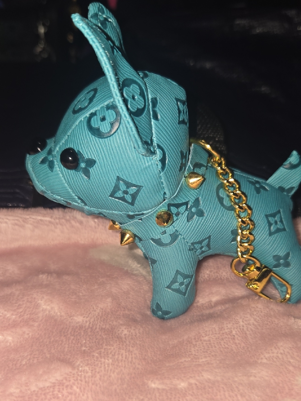 Teal Patterned Dog Charm with Gold Chain Accent